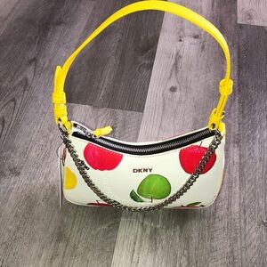 DKNY Lee White Faux Leather Shoulder Bag Multicolor Apple Print Chain Accent NWT